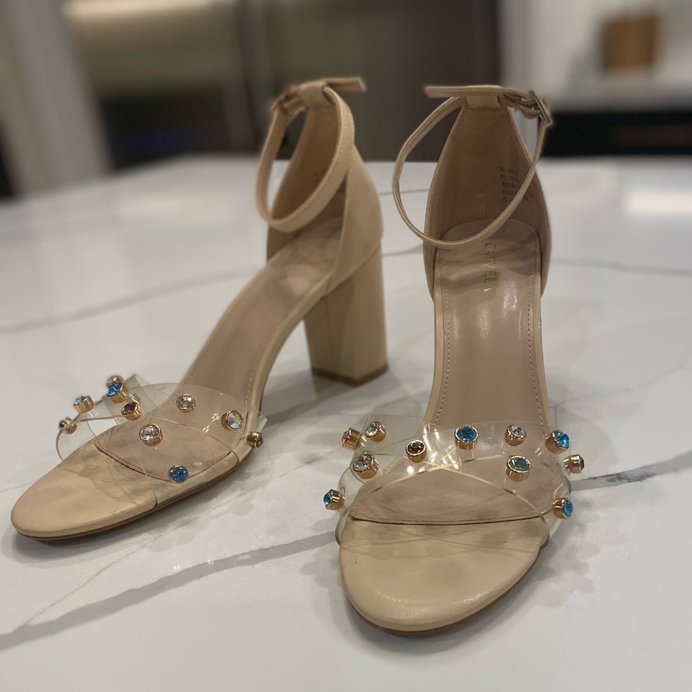 Carvela Nude Jewel Embellished ankle strap neutral block heel sandals - size 41